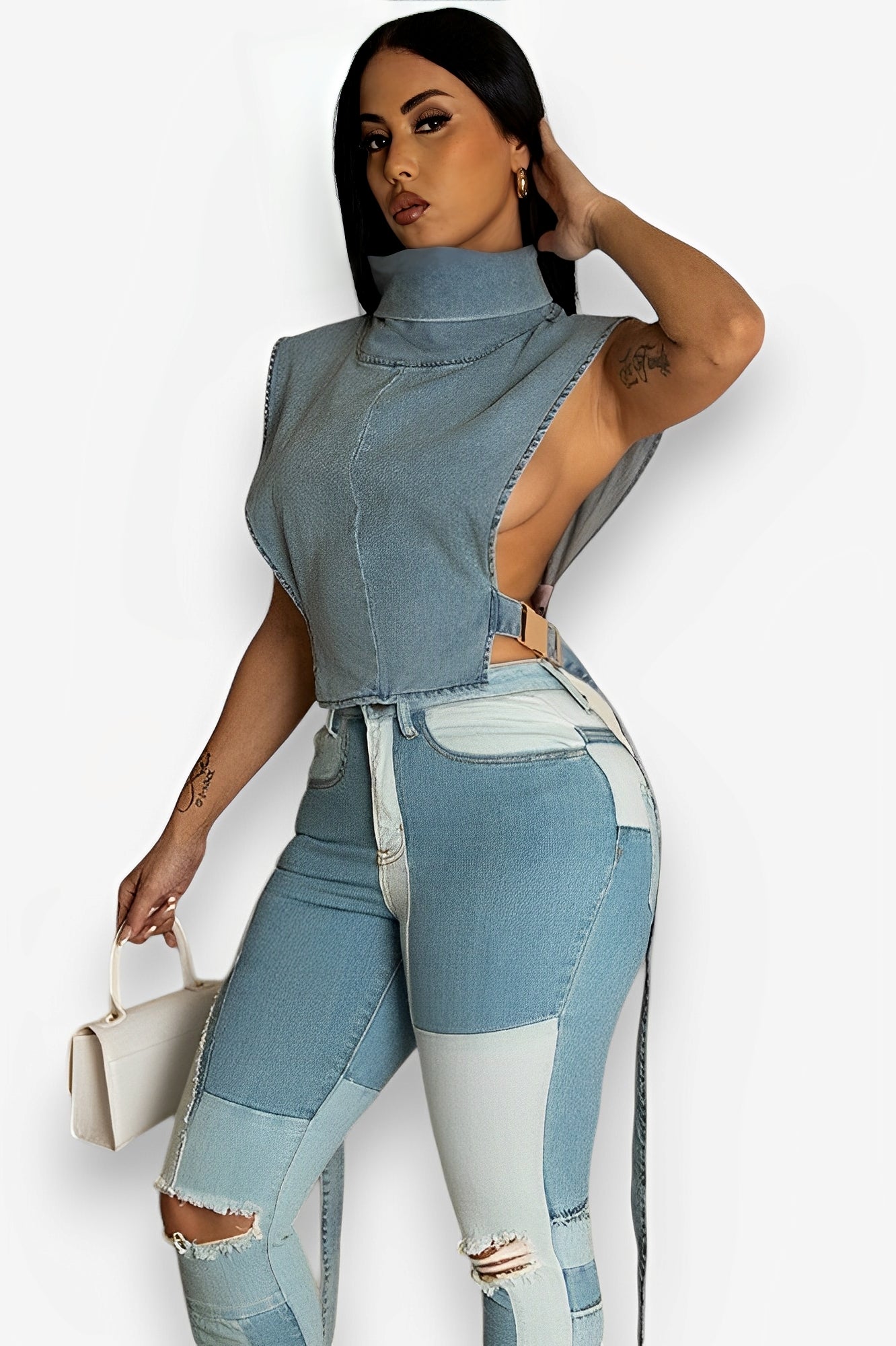 High collar sleeveless denim short vest