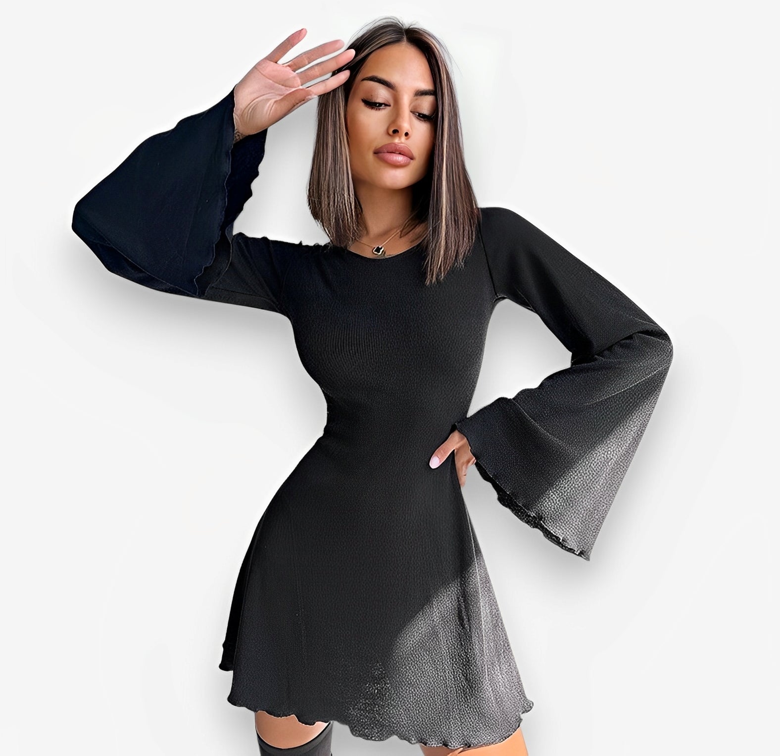 Knitted trumpet long sleeves slim fit dress