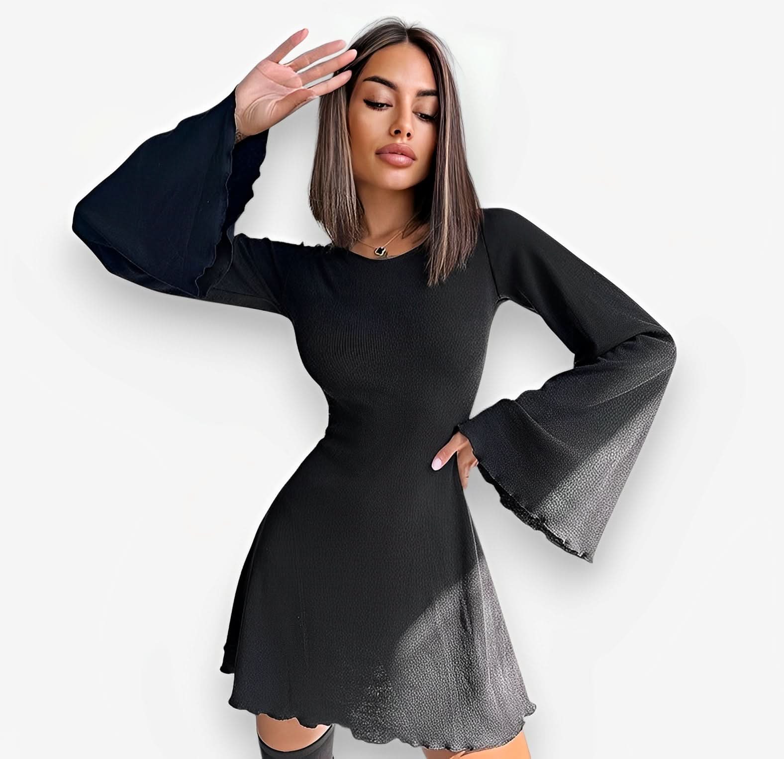 fine knitted trumpet sleeve midi dress Black midi-length knit dress with trumpet sleeves