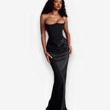 satin tube top pleated stitching dress