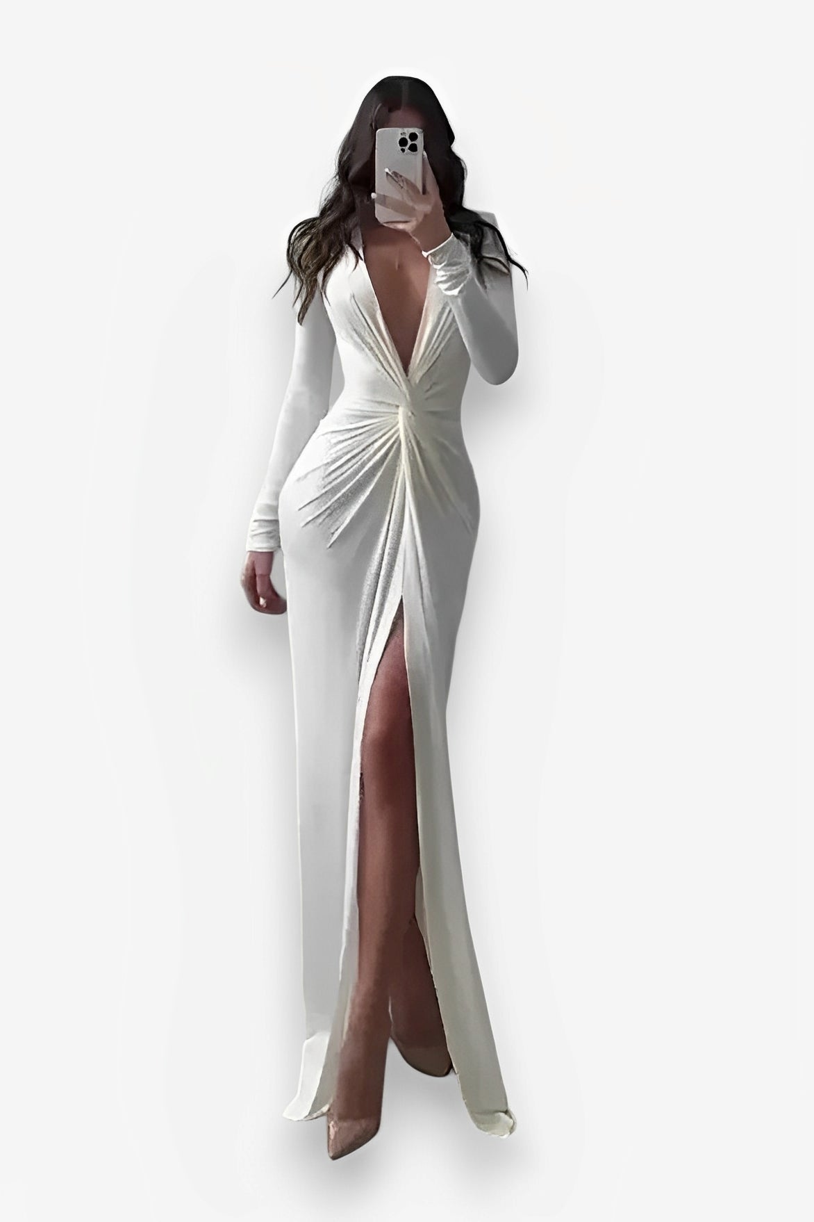Sexy Slit V Neck Long Sleeve Bodycon Pleated Dress
