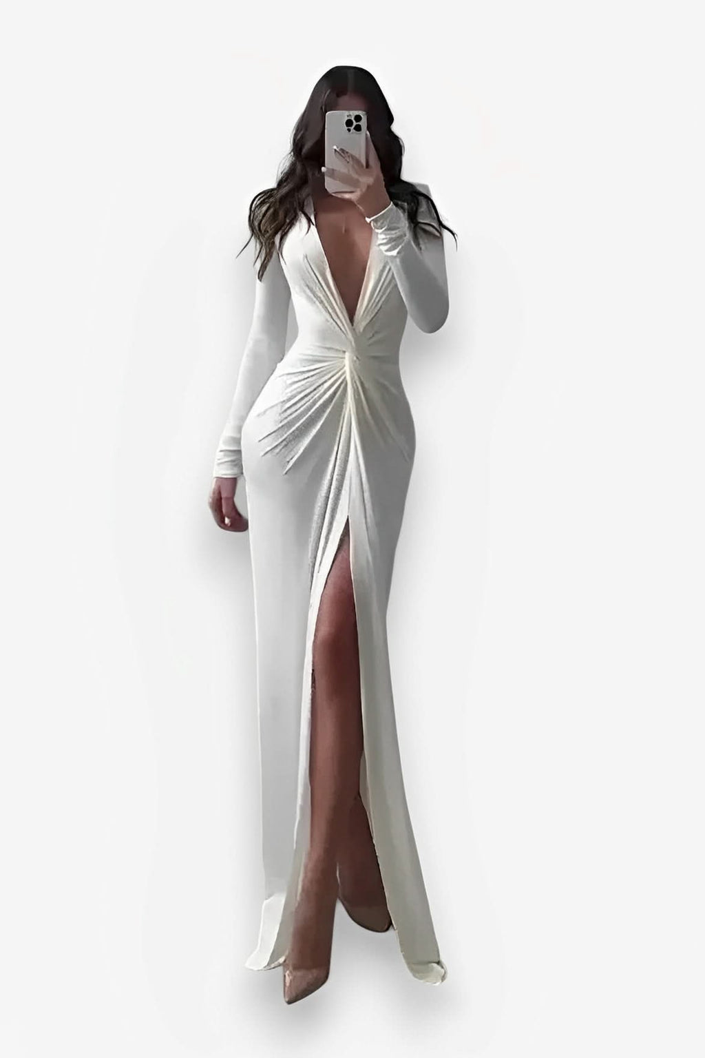 Slit V Neck Long Sleeve Bodycon Pleated Dress - dresses from The Woman Concept