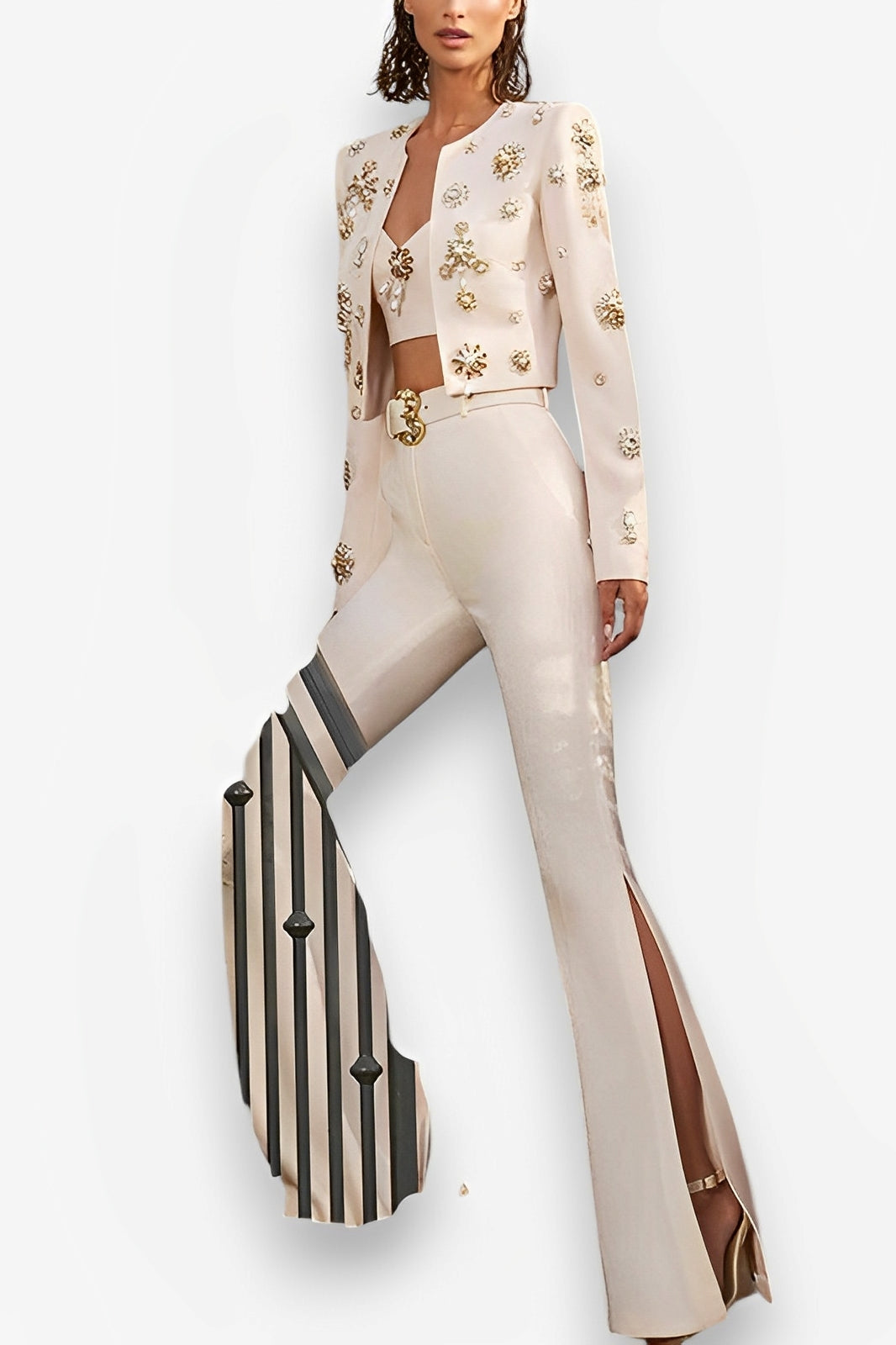 Short jacket suit with rhinestones