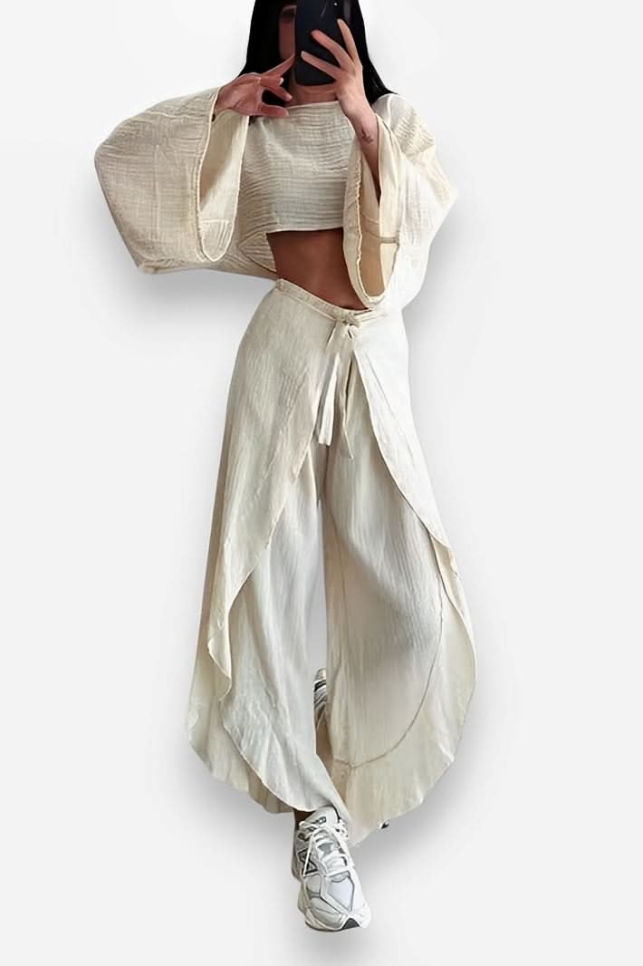 Linen Blend Crop Top Elastic Waist Ruffled Pant Set - Loungewear Set from The Woman Concept