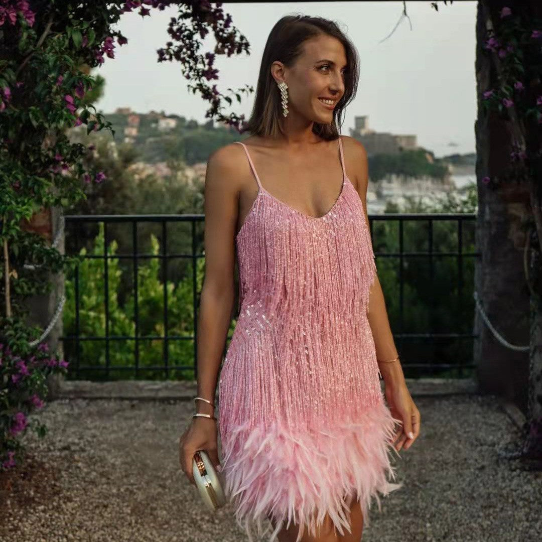 Sequin Feather Fringe Cami Mini Dress in pink