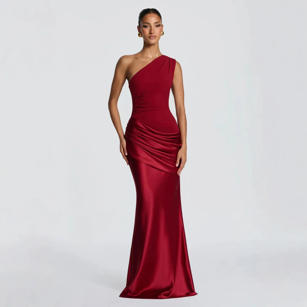 One-Shoulder Ruched Satin Maxi Dress in burgundy