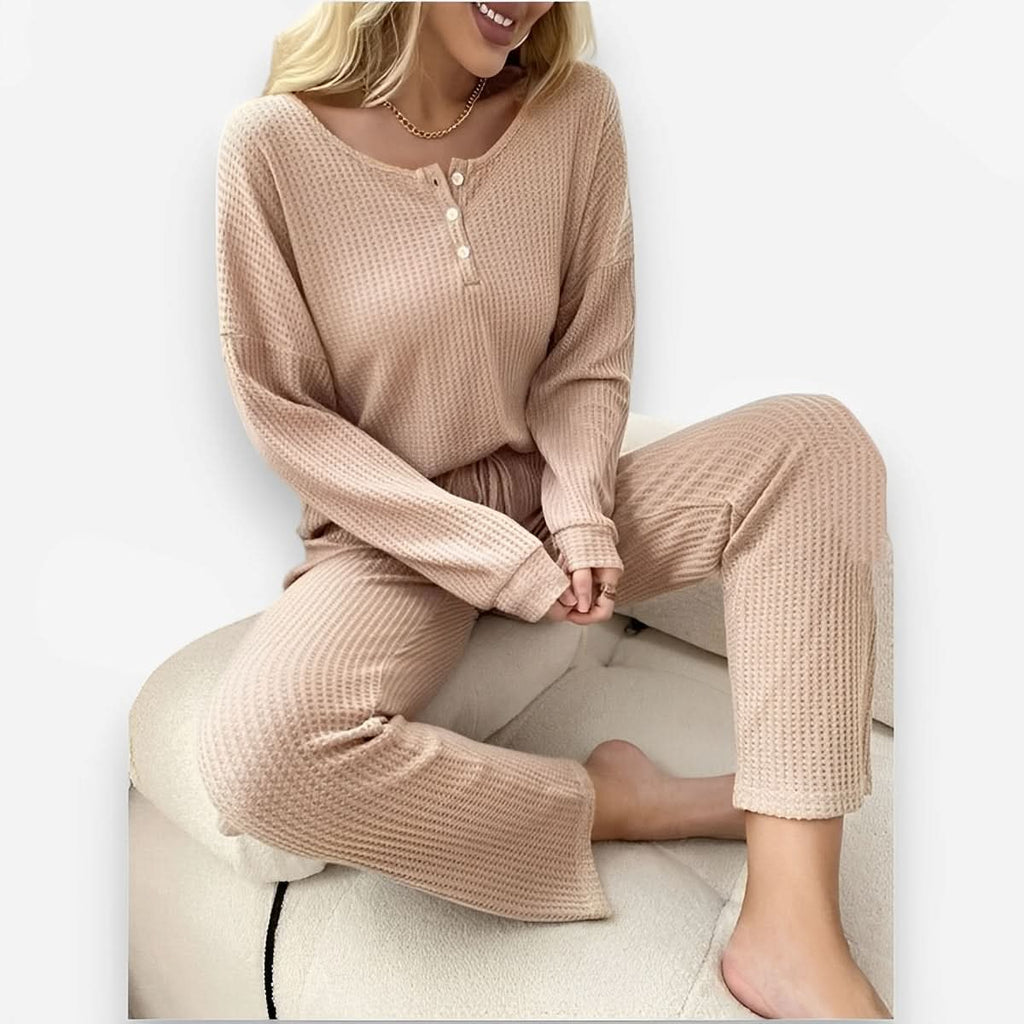 Waffle Knit Tops Lace-up Trousers Two-piece Set - Two-Piece Sets from The Woman Concept