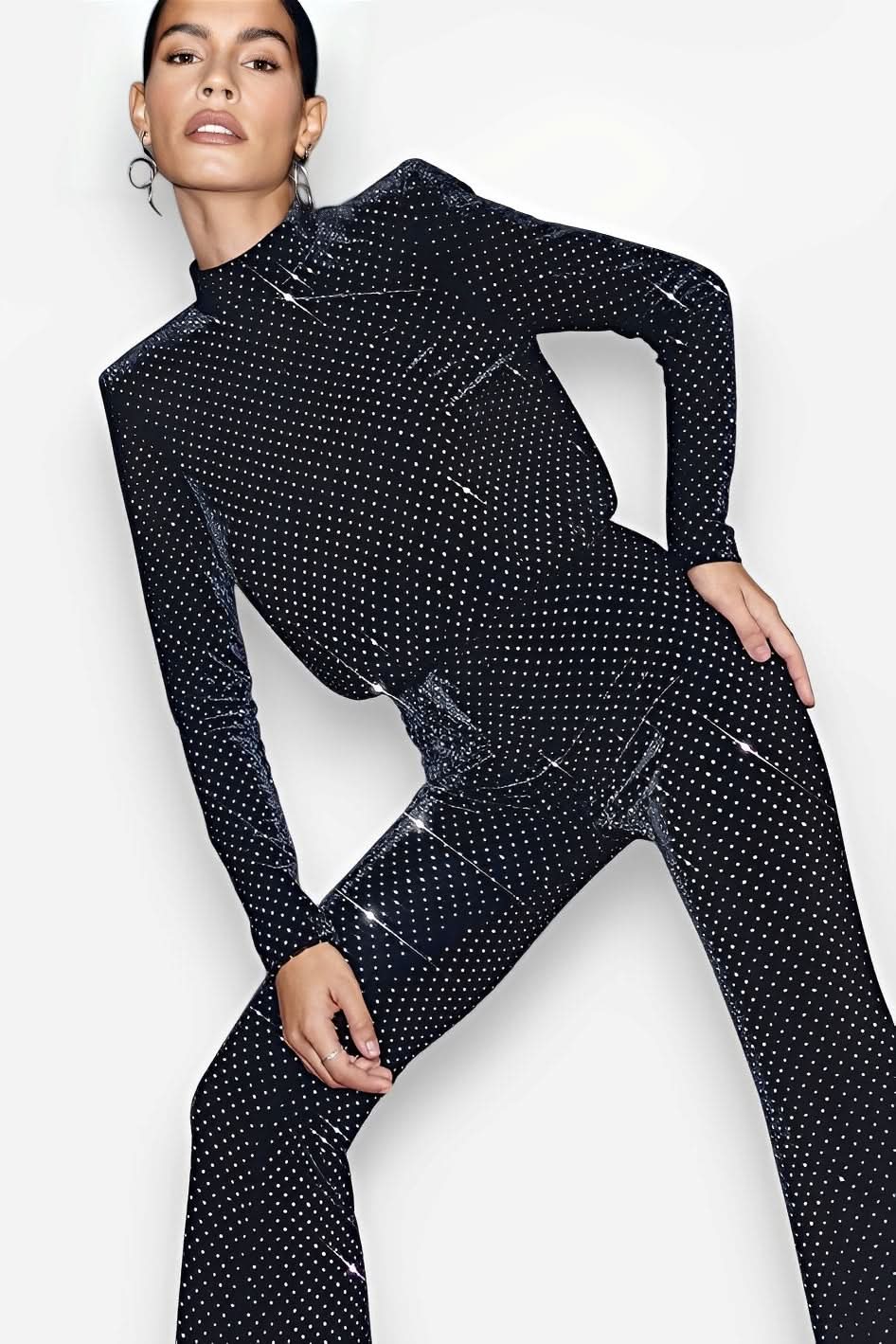 Sequin half turtleneck long-sleeved jumpsuit - Jumpsuits & Rompers from The Woman Concept