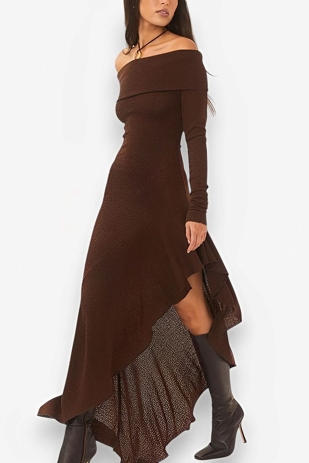 Off-shoulder irregular ruffled slim long dress - dresses from The Woman Concept