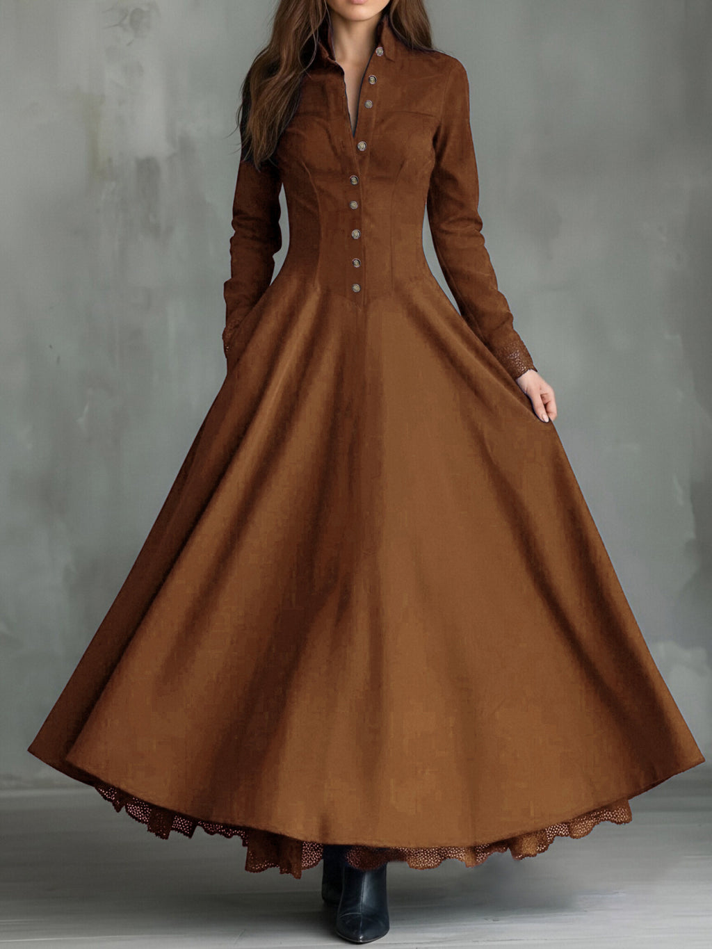 Faux Suede Lace Trim Button-Front Maxi Dress in caramel – view 6