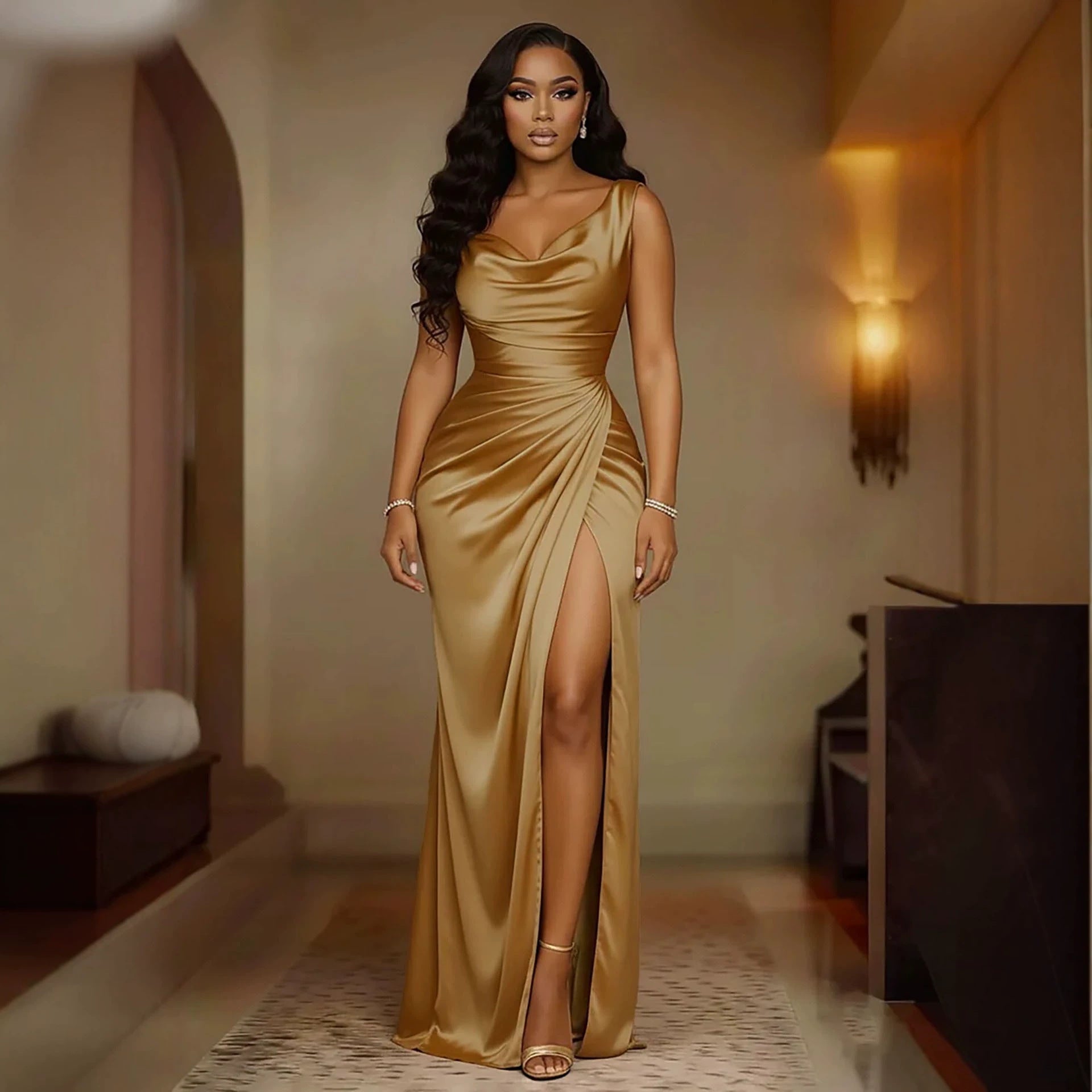 Satin High-Slit Maxi Dress in gold