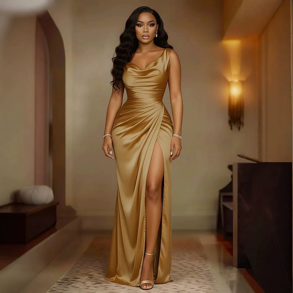 Satin High-Slit Maxi Dress in gold
