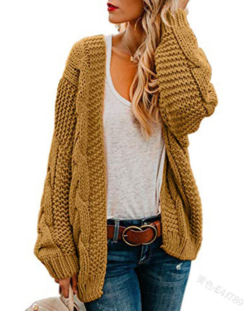 Chunky Cable Knit Open-Front Cardigan in mustard yellow – view 4
