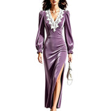 Velvet Lace V-Neck Slit Midi Dress in violet – view 4