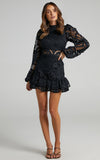 Lace Lantern Sleeve Ruffle Mini Dress in black – view 8