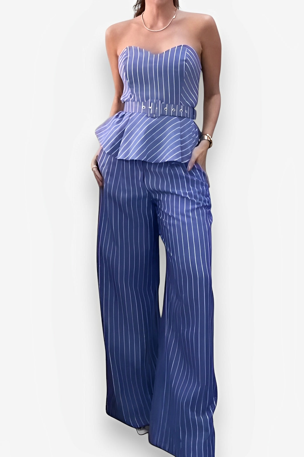 Striped printed tube top and casual pants suit
