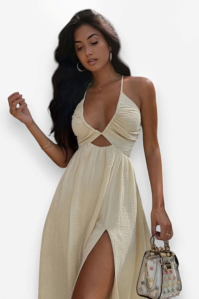 Beige Chest Wrap Summer Dress