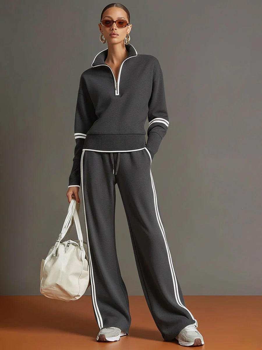 Half-Zip Knit Top and Wide-Leg Pants Set in gray – view 5