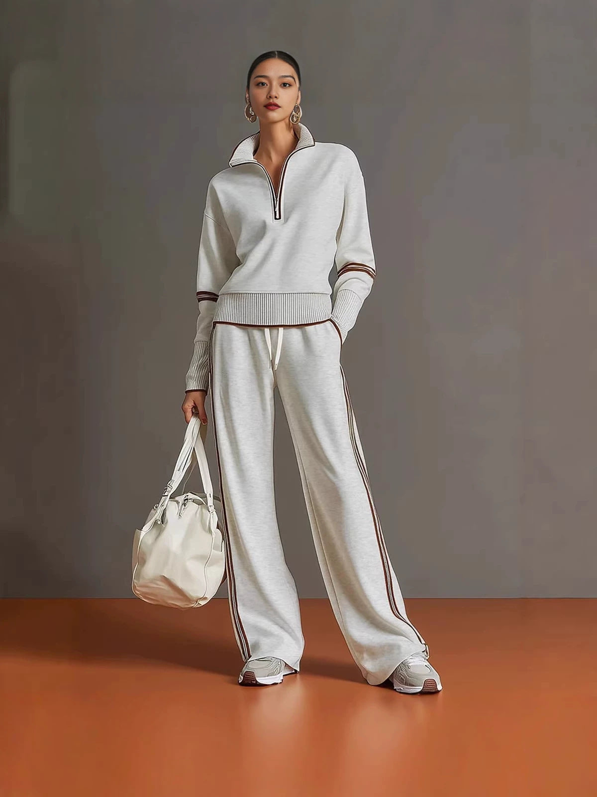 Half-Zip Knit Top and Wide-Leg Pants Set in white