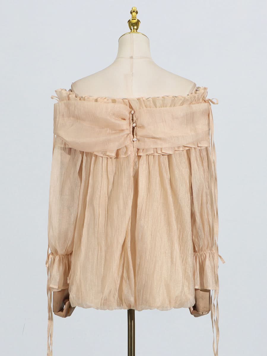 Off-Shoulder Beige Ruffle Chiffon Blouse - Image 4