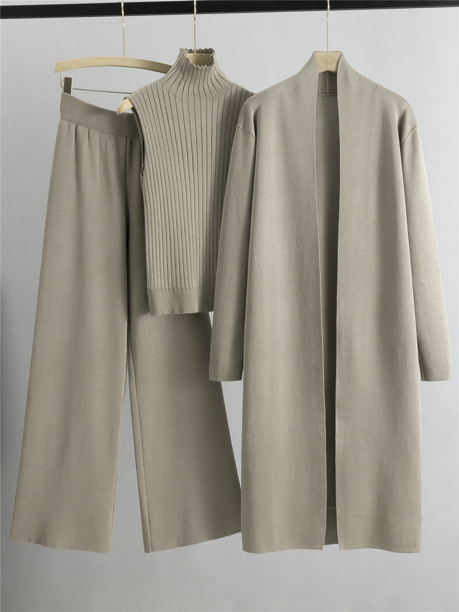 Three-Piece Knit Set with Long Cardigan in camel
