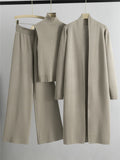 Three-Piece Knit Set with Long Cardigan in camel