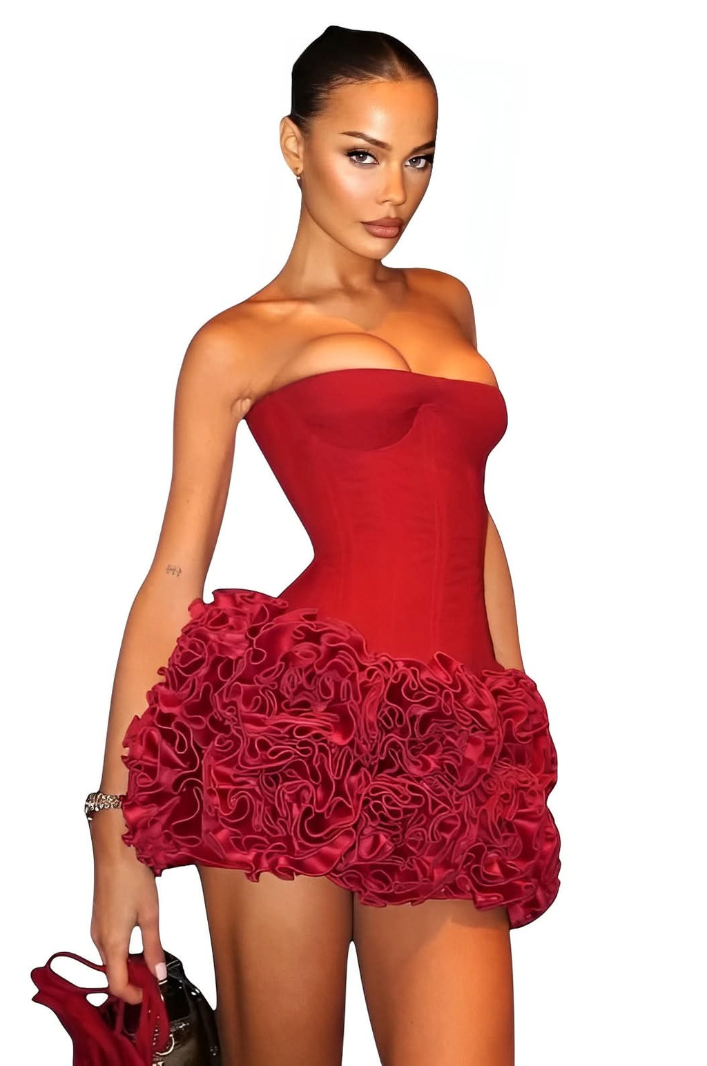 Strapless Corset Floral Ruffle Red Dress - view 9