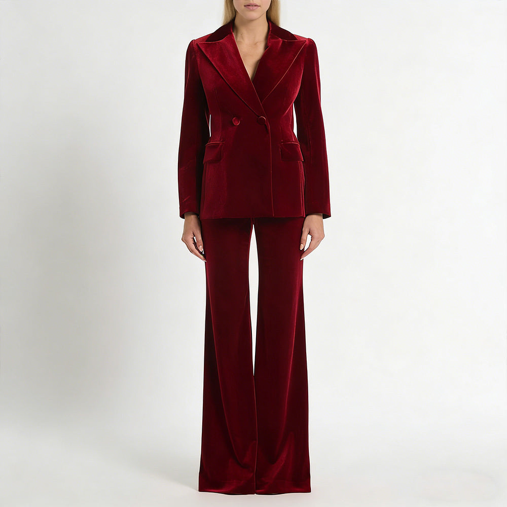Burgundy Velvet Double-Breasted Blazer and Flare Pants Suit in burgundy