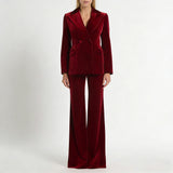 Burgundy Velvet Double-Breasted Blazer and Flare Pants Suit in burgundy