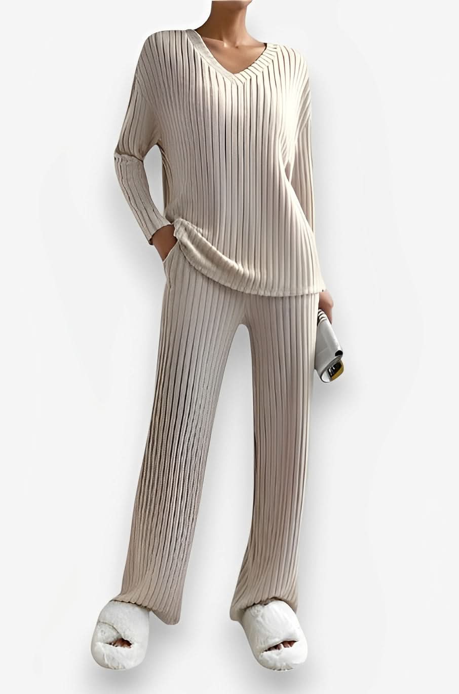 V-neck Striped Knitted Two-piece Suit - Two-Piece Sets from The Woman Concept