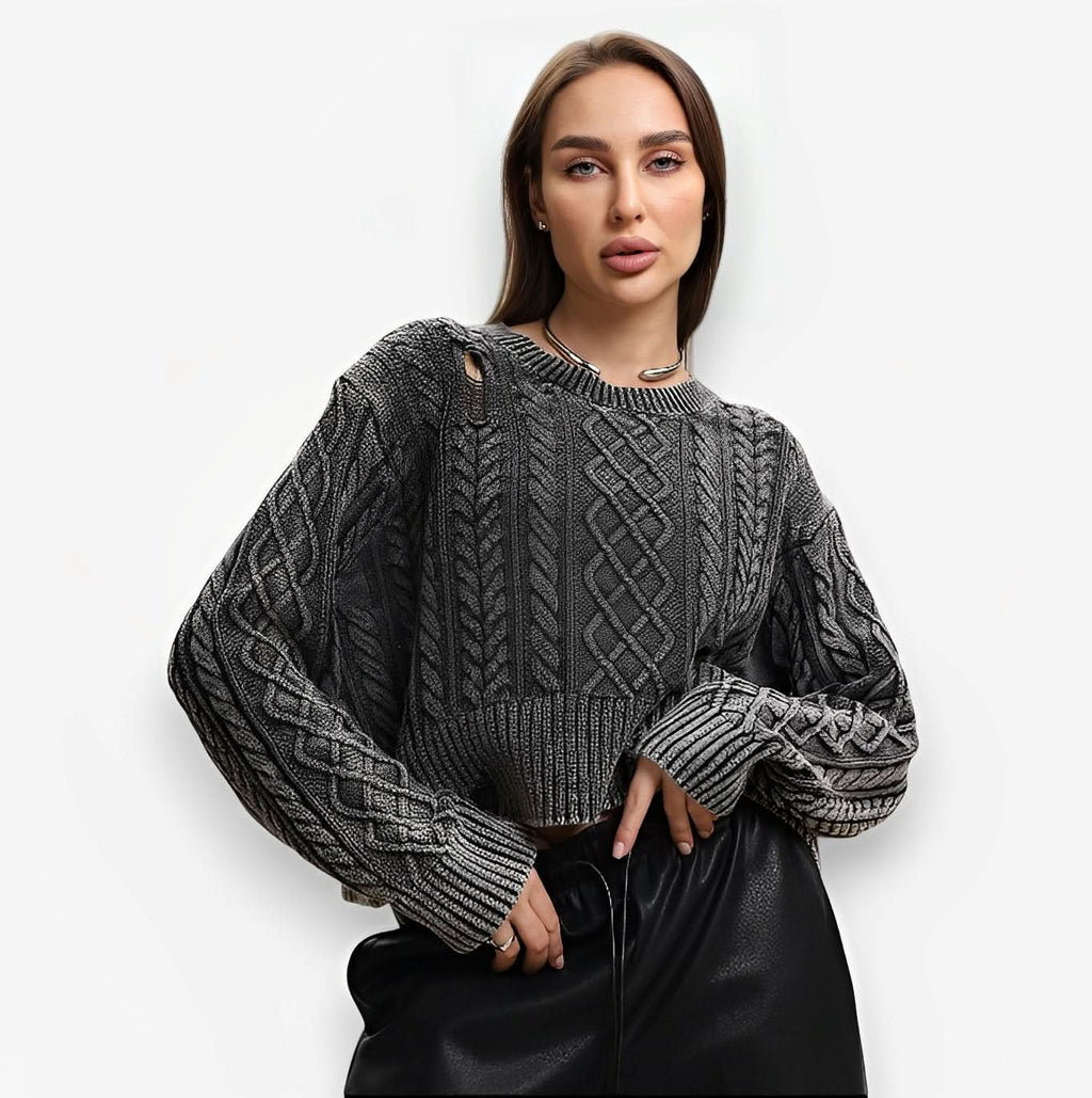 Round Neck Ripped Short Sweater - Sweaters from The Woman Concept