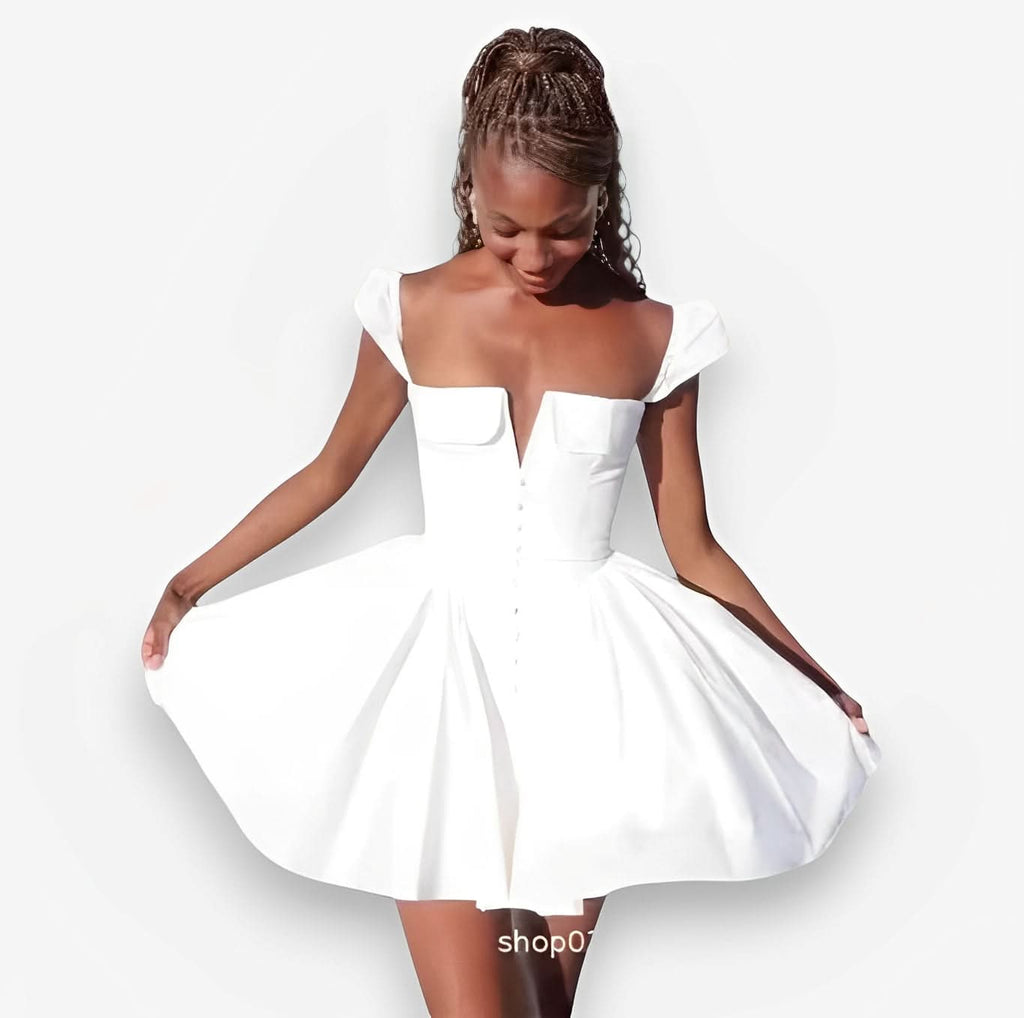 V-neck White Pleated Short Dress - Short Dress from The Woman Concept