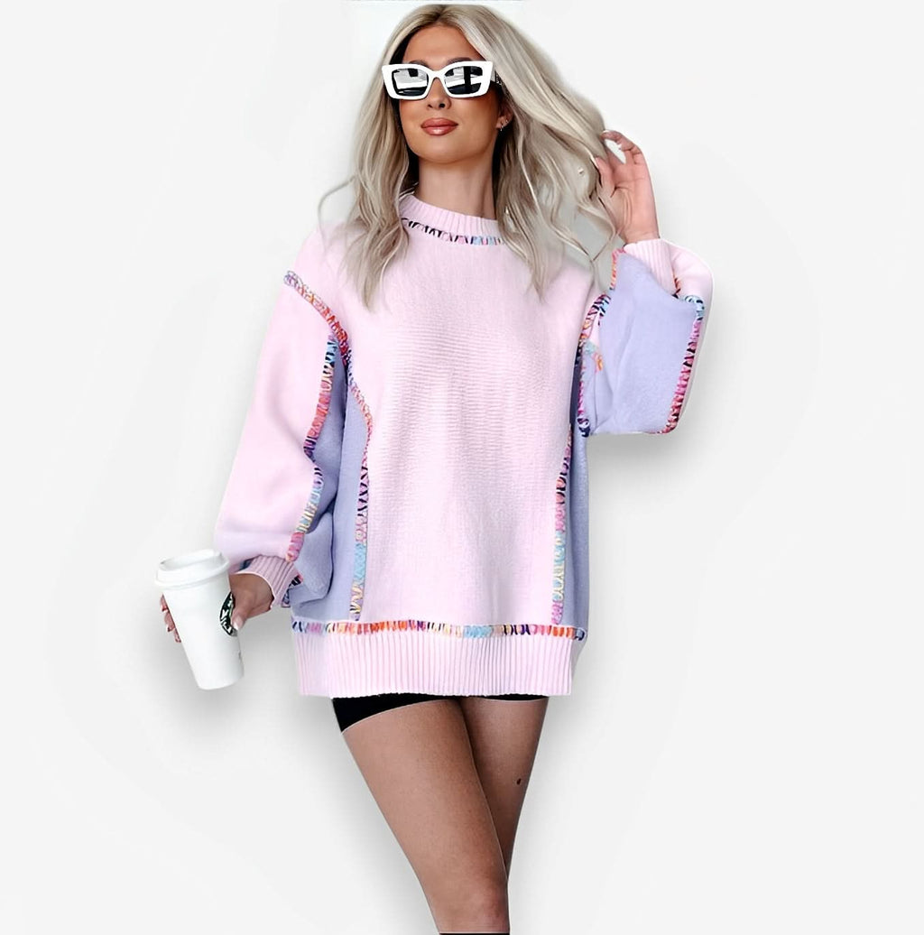 Rainbow Contrast Lantern Sleeve Pullover Sweater - Sweater from The Woman Concept