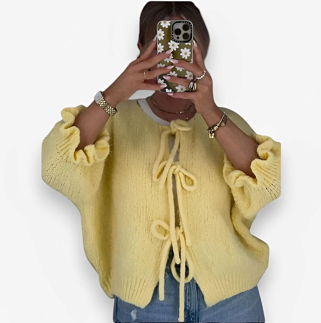 Round Neck Ruffle Sleeve Drawstring Knitted Sweater - Sweaters from The Woman Concept