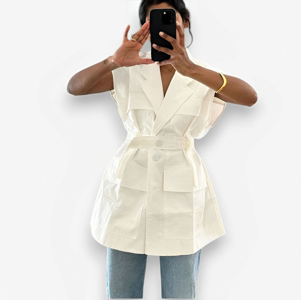 Button V Neck Belted Sleeveless Vest - Tops from The Woman Concept