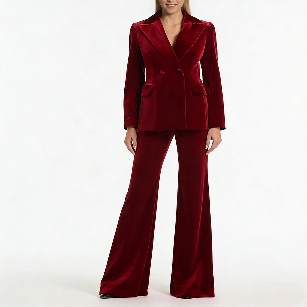 Burgundy Velvet Double-Breasted Blazer and Flare Pants Suit in burgundy - view 3