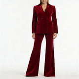 Burgundy Velvet Double-Breasted Blazer and Flare Pants Suit in burgundy - view 3