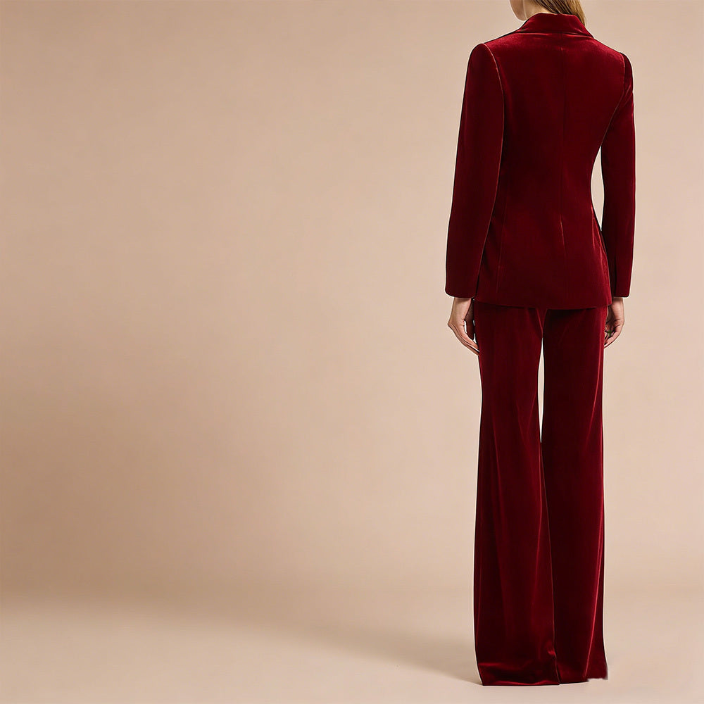 Burgundy Velvet Double-Breasted Blazer and Flare Pants Suit in burgundy - view 2