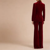 Burgundy Velvet Double-Breasted Blazer and Flare Pants Suit in burgundy - view 2