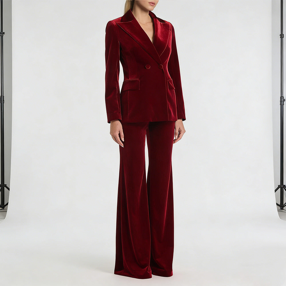 Burgundy Velvet Double-Breasted Blazer and Flare Pants Suit in burgundy - view 4