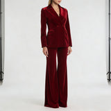 Burgundy Velvet Double-Breasted Blazer and Flare Pants Suit in burgundy - view 4