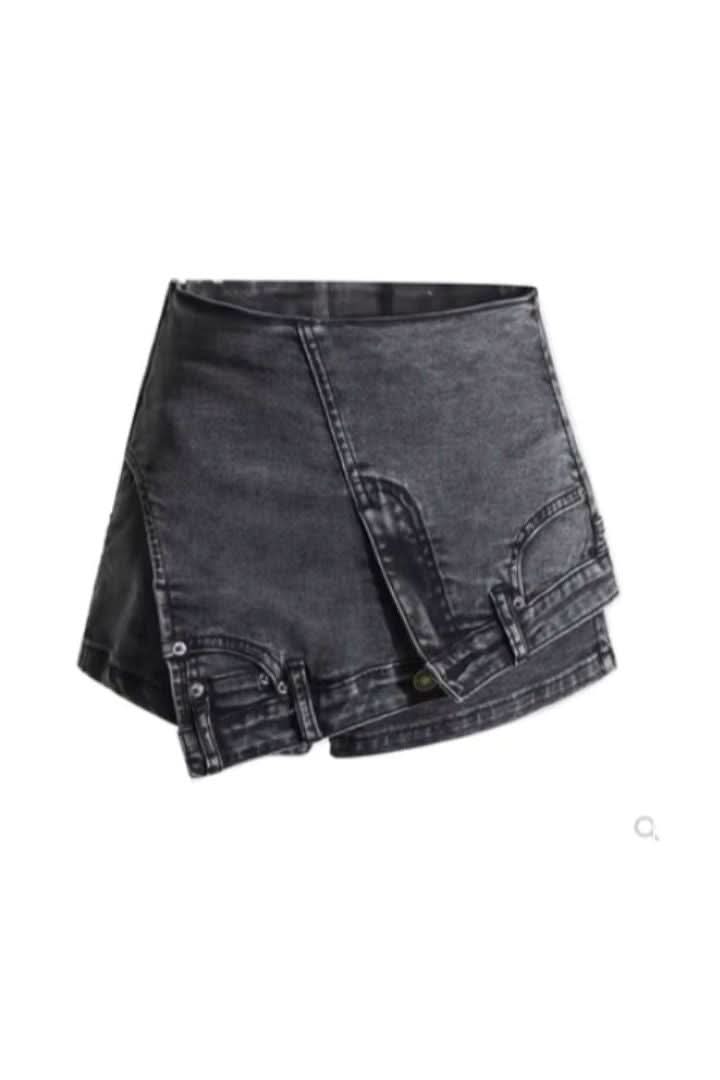 Denim stitching irregular washed old skirt - Front View