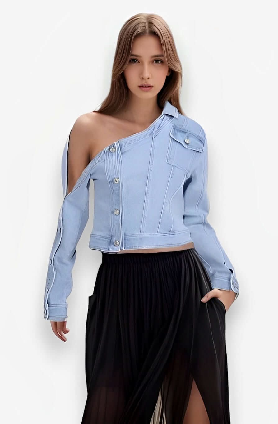 Retro Washed Old Off-shoulder Denim shirt - Denim from The Woman Concept