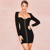 long-sleeved V-neck breast-wrapped metal button hip dress