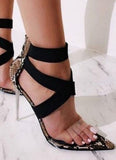 crystal heel elastic band snake pattern net sandals