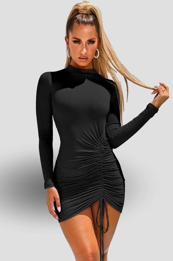 Elegant Black Round Neck Long Sleeve Slim Dress for Every Occasion – The Woman Concept