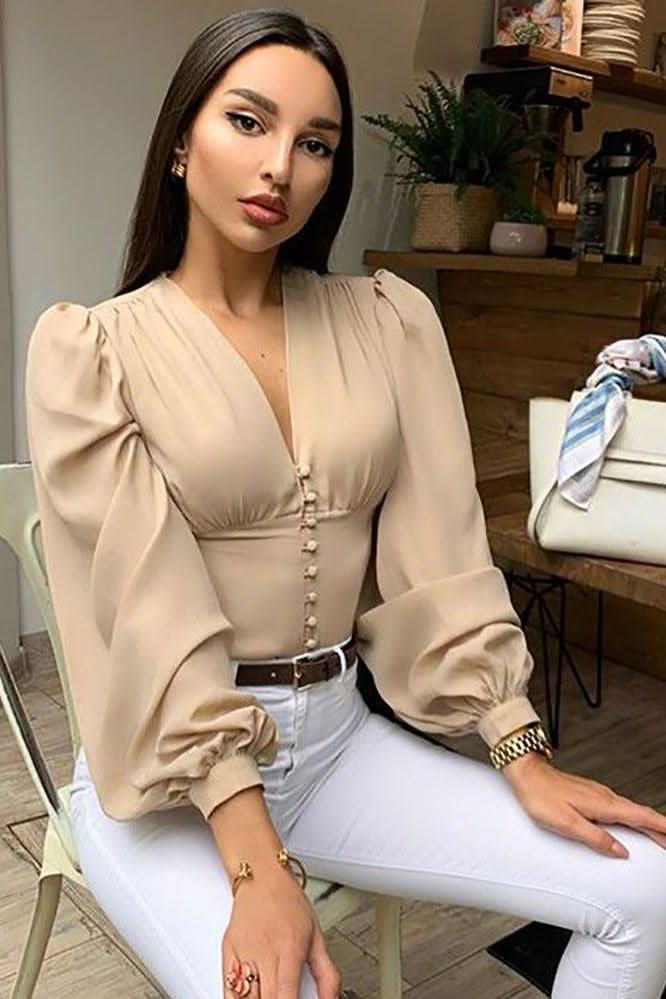 V-neck button puff sleeve slim long-sleeved T-shirt - Image 4