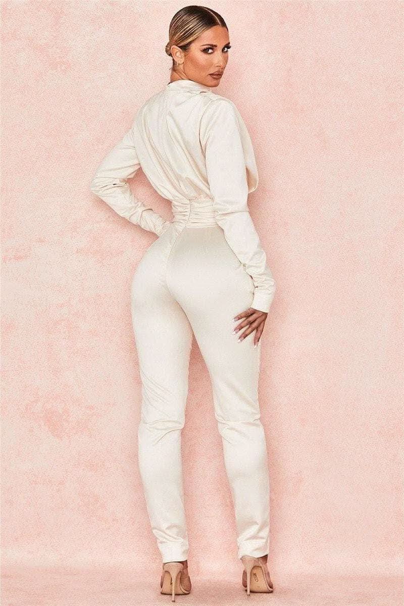 White satin pleated waist slim slimming jumpsuit - Detail