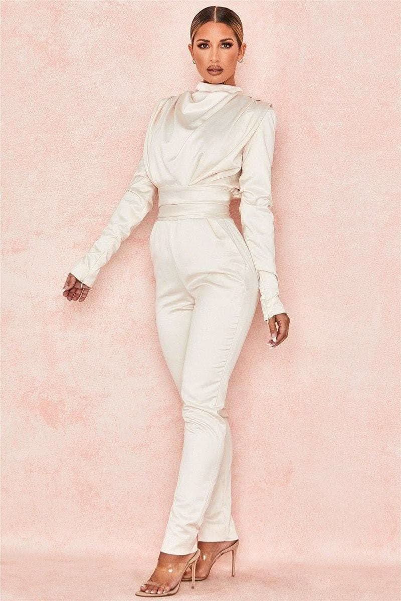 White satin pleated waist slim slimming jumpsuit - Front View