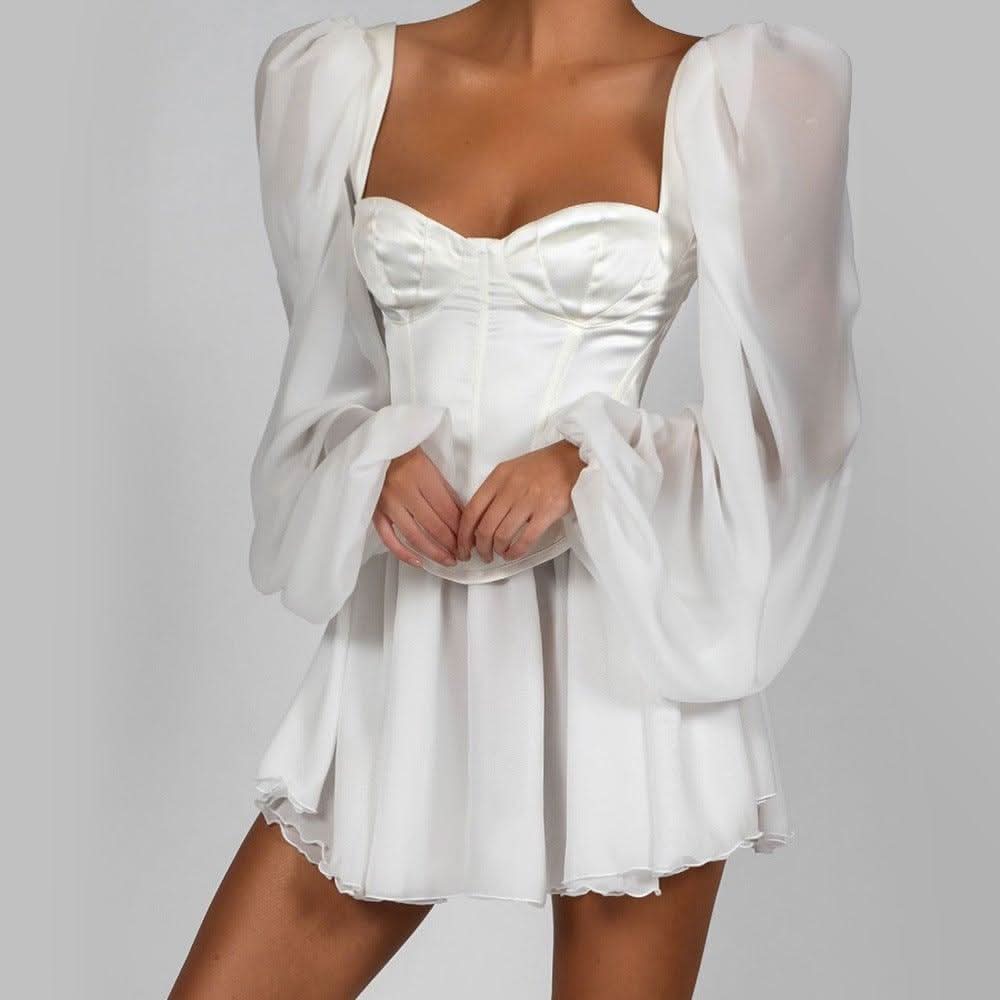 Lantern sleeve slim chiffon dress - Side View